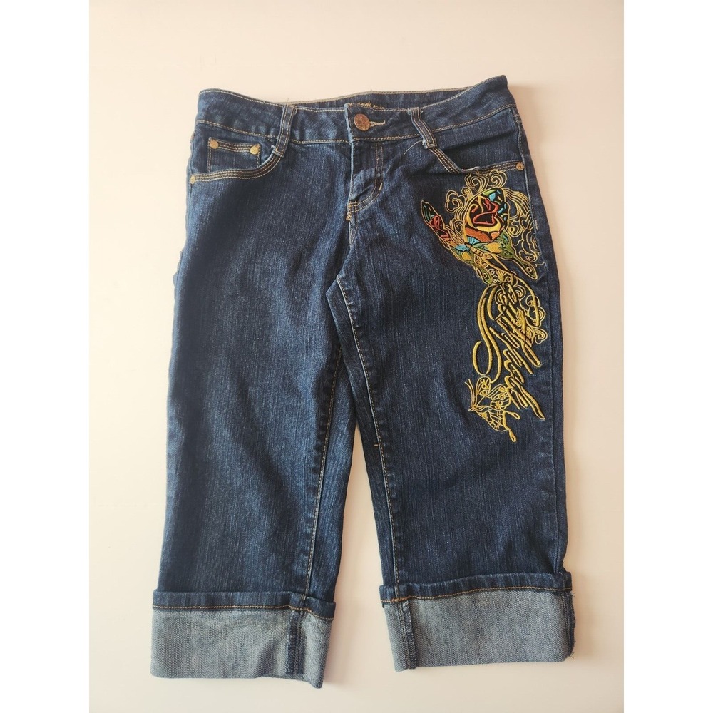 Southpole Womens Bermuda Jean Shorts 7 Embroidered Logo Y2K Streetwear Casual